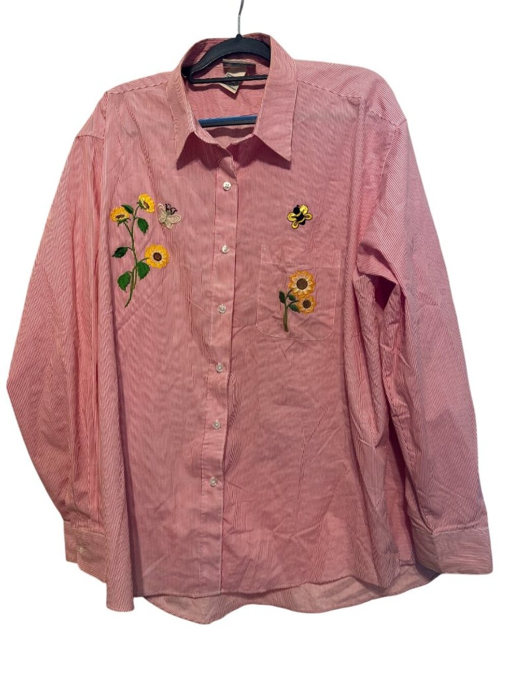 Las Olas Striped Shirt Ladies 1X Sunflowers Butterfly & Bees EUC